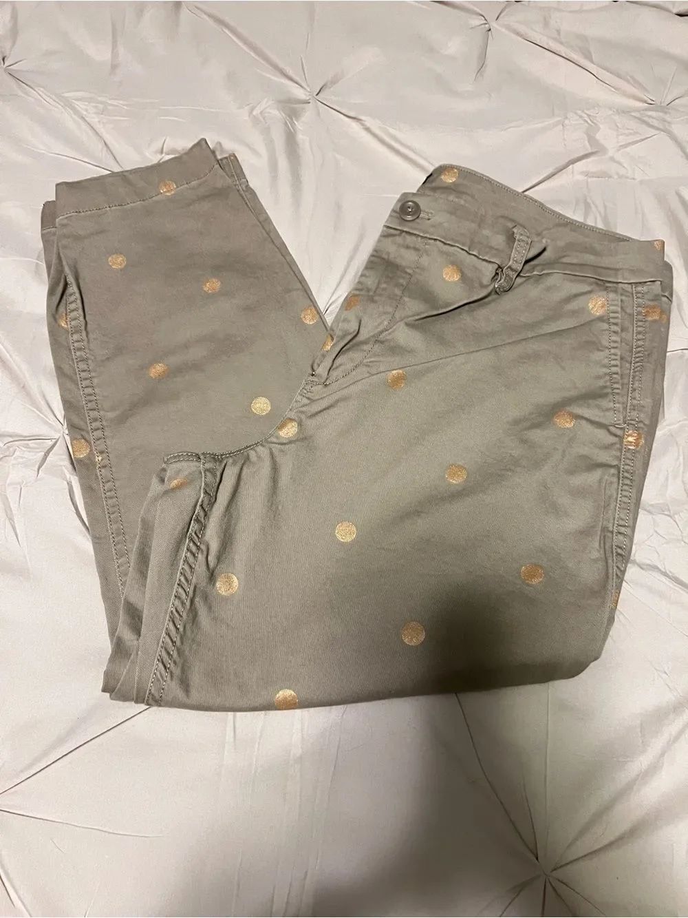 J. Crew Tan Straight Leg Pants with Gold Polka Dots